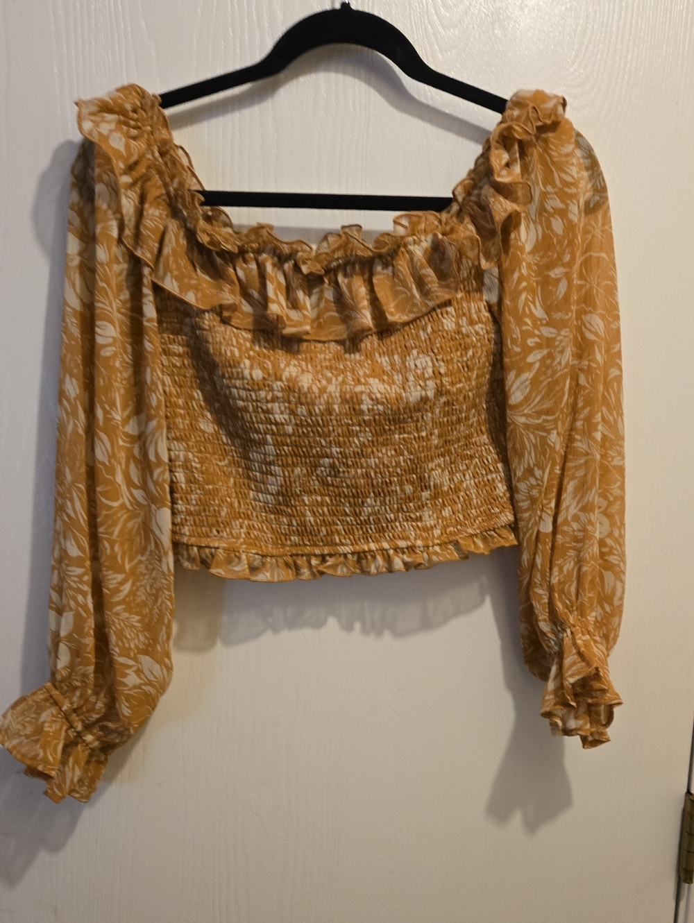 Promesa Mustard Floral Smocked Off-Shoulder Crop Top - L11